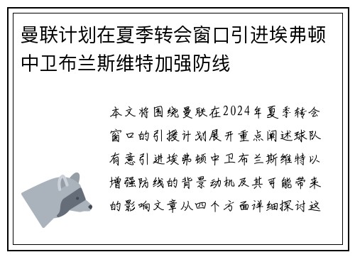 曼联计划在夏季转会窗口引进埃弗顿中卫布兰斯维特加强防线 曼联计划在夏季转会窗口引进埃弗顿中卫布兰斯维特加强防线